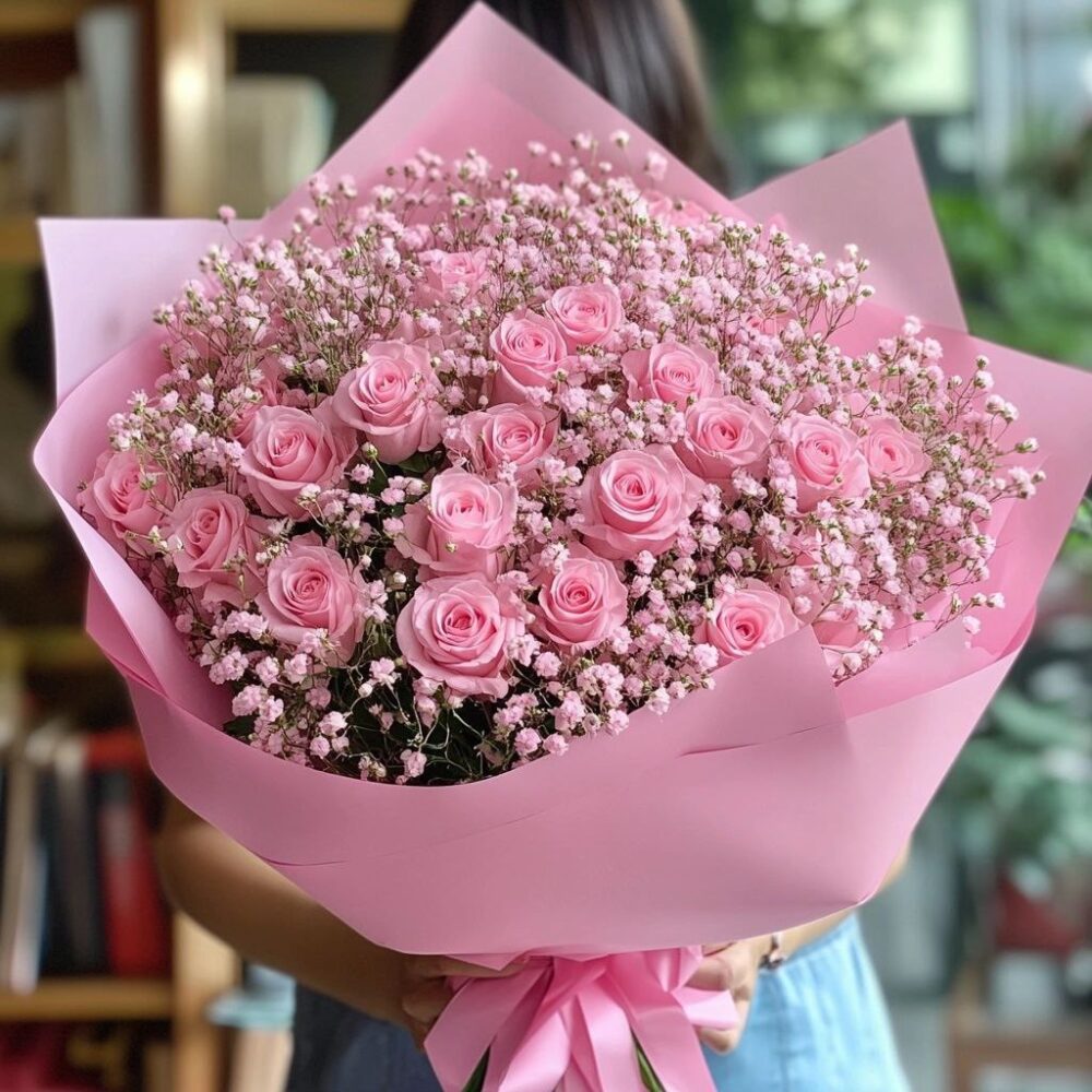 Pink roses with pink baby’s breath bouquet