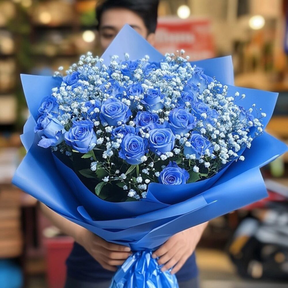 Blue roses with blue baby’s breath bouquet