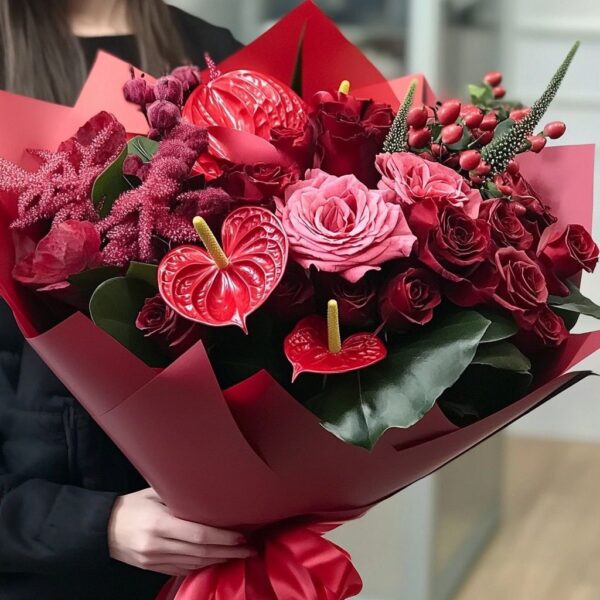 Red flowers bouquet with anthurium