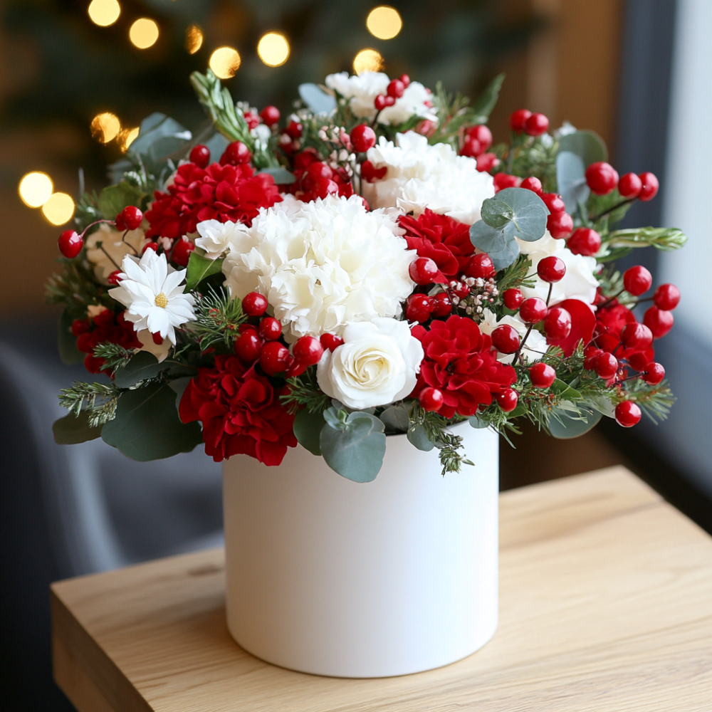 White Christmas table arrangement