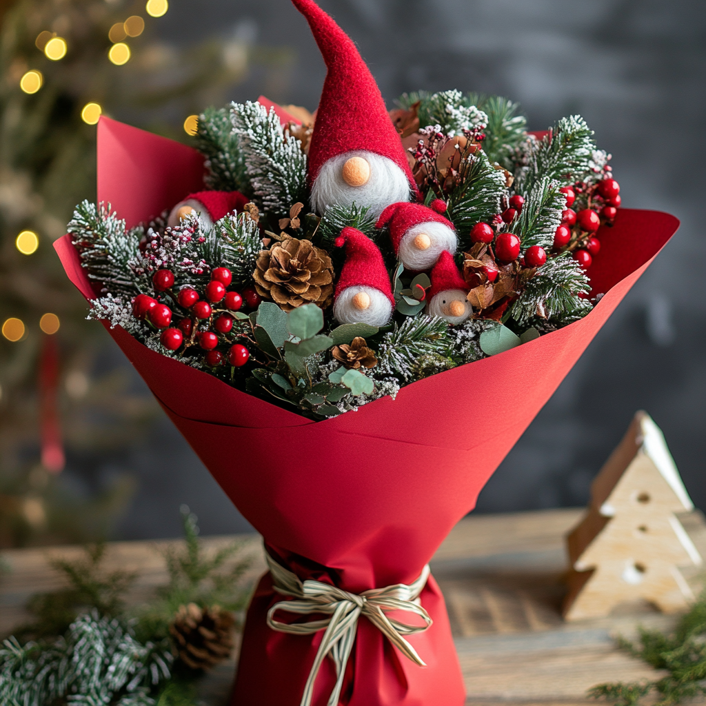 merrylen_a_Christmas_bouquet_in_red_wrap_with_small_felt_gnomes_b8025b4c-2ca9-4453-836a-a39cf44d0702