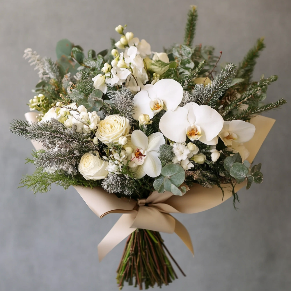 Christmas white bouquet with orchids