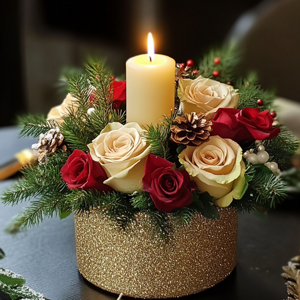 Golden Christmas tabletop with candle