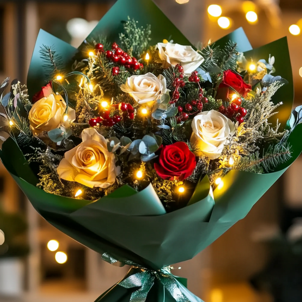 Golden glow holiday bouquet with lights