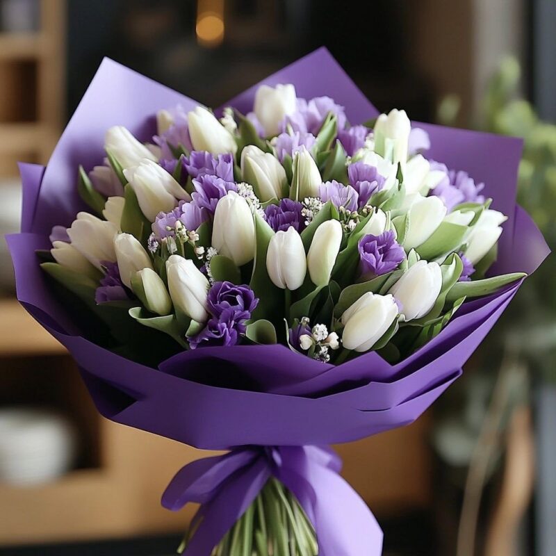 Elegant White & Purple Tulip Bouquet