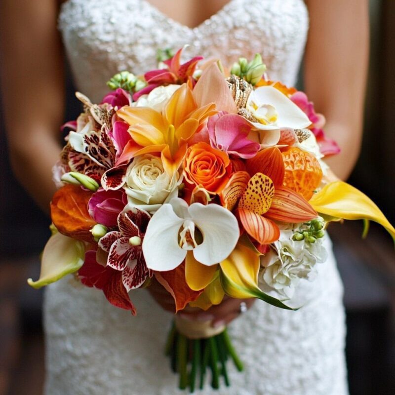 Vibrant Tropical Boho Bridal Bouquet with Orchids