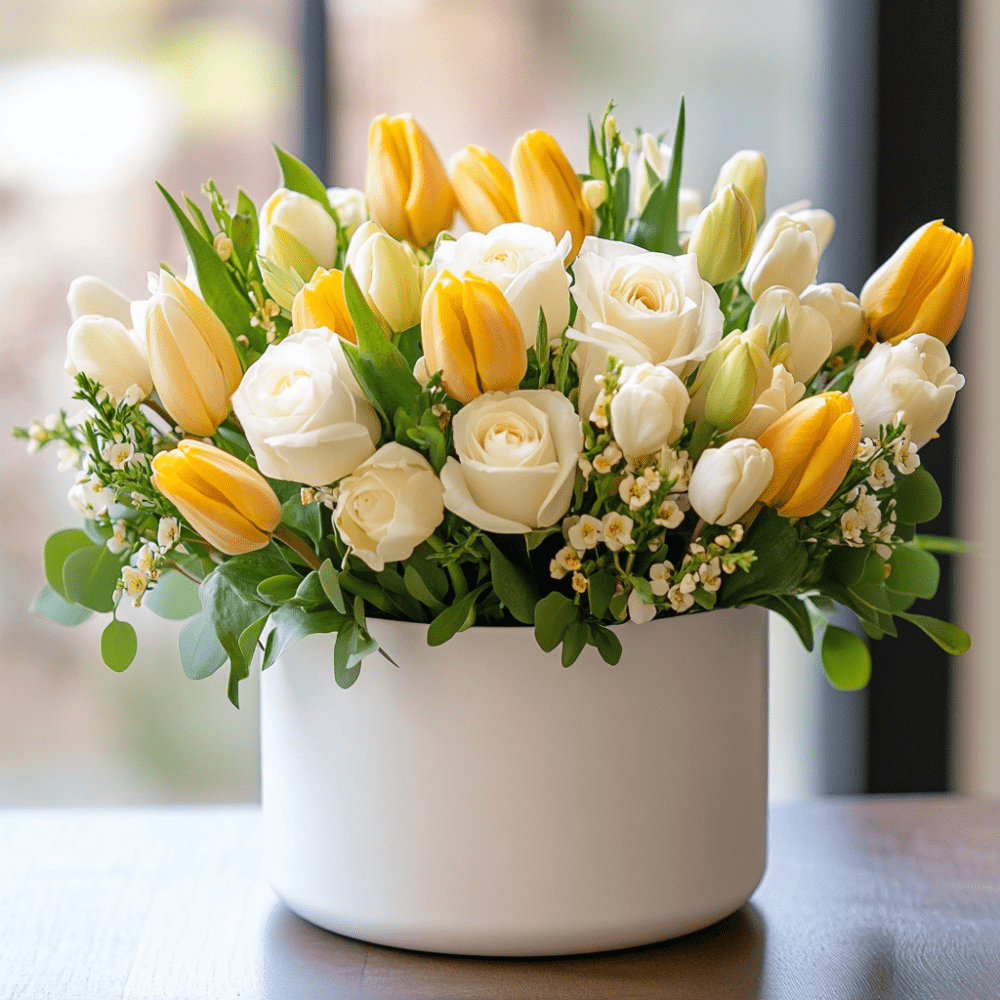 Golden Glow Tulips & Roses Centerpiece