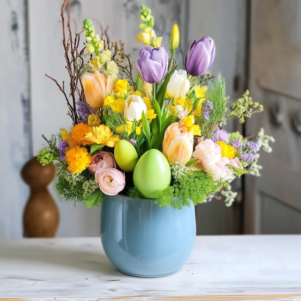 Spring Whimsy Vase with Easter Tulips Bouquet
