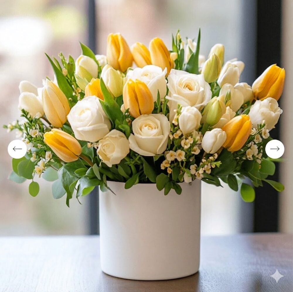 Golden Glow Tulips & Roses Centerpiece Easter