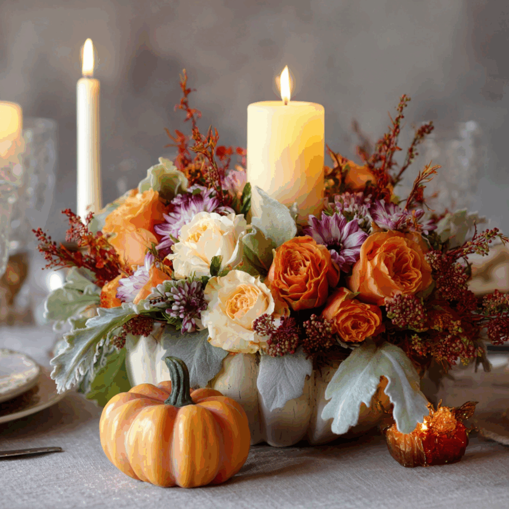 Pumpkin Glow Candle Centerpiece + mini orange pumpkin
