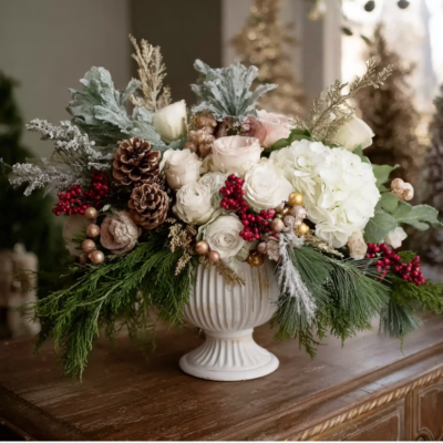 merrylen christmas winter arrangement in white urn planter b947a942 d199 458c ae1a f449507e9e6b
