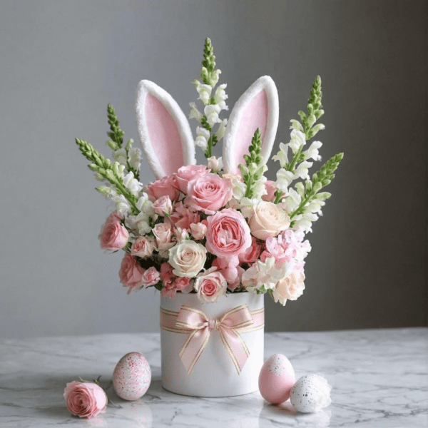 Pastel Easter flower arrangement in a white hat box with pink roses, white blooms, greenery, and decorative bunny ears