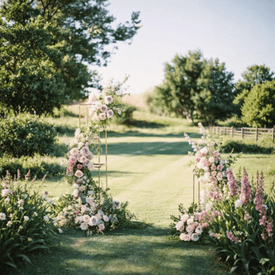 Romantic outdoor wedding archway with pastel roses, peonies, and lush greenery arranged asymmetrically along a garden path in soft natural light.