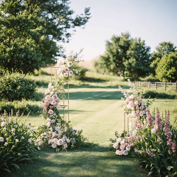 Romantic outdoor wedding archway with pastel roses, peonies, and lush greenery arranged asymmetrically along a garden path in soft natural light.