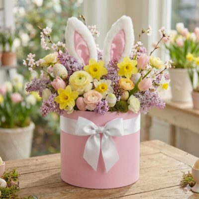 Blush pink Easter hat box with pastel flowers, yellow blooms, bunny ears, and decorative eggs