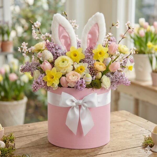 Blush pink Easter hat box with pastel flowers, yellow blooms, bunny ears, and decorative eggs