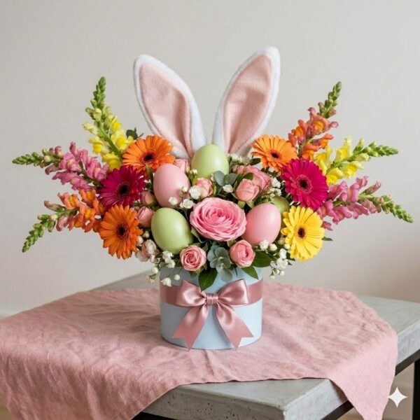 Bright Easter floral arrangement with pink, yellow, and orange flowers, decorative eggs, and bunny ears in a pastel hatbox with ribbon.