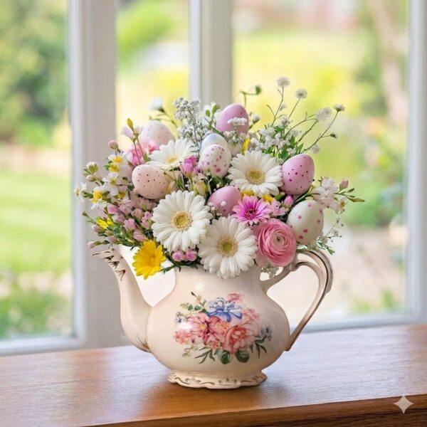 Easter floral arrangement Vancouver in a vintage teacup with soft spring blooms. Elegant Easter flower delivery Vancouver for gifting or table styling.