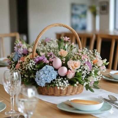 Easter basket floral arrangement with pastel flowers, soft greenery, and pink decorative eggs on a dining table.