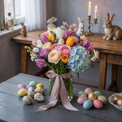 Pastel Easter bouquet in a clear glass vase with pink, yellow, lavender, and blue flowers, tied with a soft ribbon and surrounded by decorative eggs.