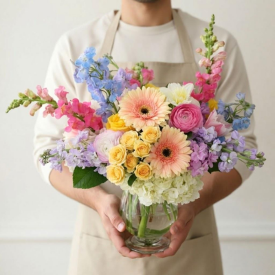 Pastel flower arrangement in glass vase with peach gerbera, pink and lavender blooms, yellow and blue accents