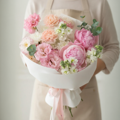 Mother’s Day bouquet with pink peonies and soft pastel flowers in a clean white wrap