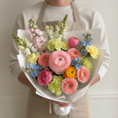 Pastel bouquet with pink ranunculus, peach and yellow flowers, blue accents and soft greenery wrapped in white paper