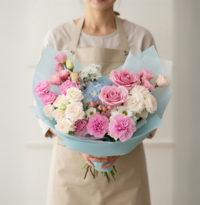 Mother’s Day bouquet with pink roses, white flowers, and soft blue accents wrapped in light blue paper