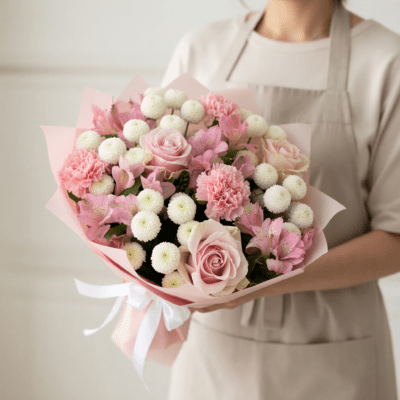 Mother’s Day bouquet with blush pink roses, soft pink flowers, and small white blooms in pastel wrapping