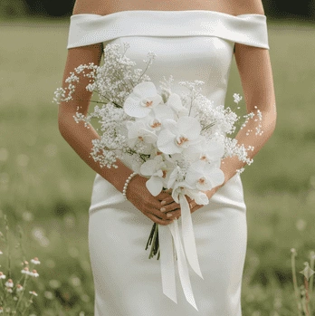 White Wedding Bouquet featuring white Phalaenopsis orchids, baby's breath, delicate white blooms, and satin ribbon, held by a bride in an off-the-shoulder wedding gown.