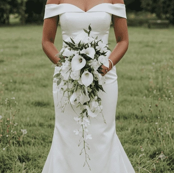 White Wedding Bouquet featuring white calla lilies, orchids, cascading greenery, and trailing vines in a romantic boho-inspired bridal arrangement.