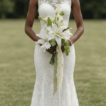 White Wedding Bouquet featuring white oriental lilies, white orchids, cascading white amaranthus, green hanging amaranthus, and fresh greenery in an elegant bridal arrangement.