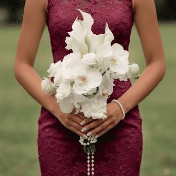 White Wedding Bouquet with white Phalaenopsis orchids, white calla lilies, hydrangeas, carnations, and pearl handle detail in an elegant bridal arrangement.