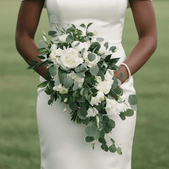 White Wedding Bouquet with white peonies, white roses, spray roses, silver dollar eucalyptus, seeded eucalyptus, and fresh greenery in a romantic garden-style bridal arrangement.