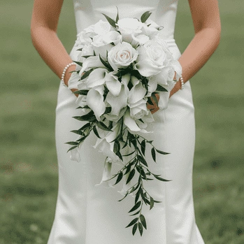 White Wedding Bouquet with white lilies, white roses, hydrangeas, cascading greenery, and elegant foliage in a romantic bridal arrangement.
