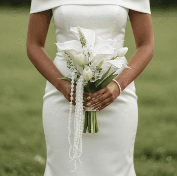 White Wedding Bouquet featuring white calla lilies, white tulips, cascading white amaranthus, snapdragons, and elegant greenery in a modern bridal arrangement.