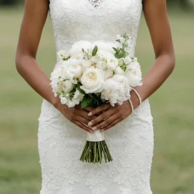 Budget wedding bouquets featuring white roses, peonies, spray roses, and fresh greenery held by a bride in a lace wedding dress.