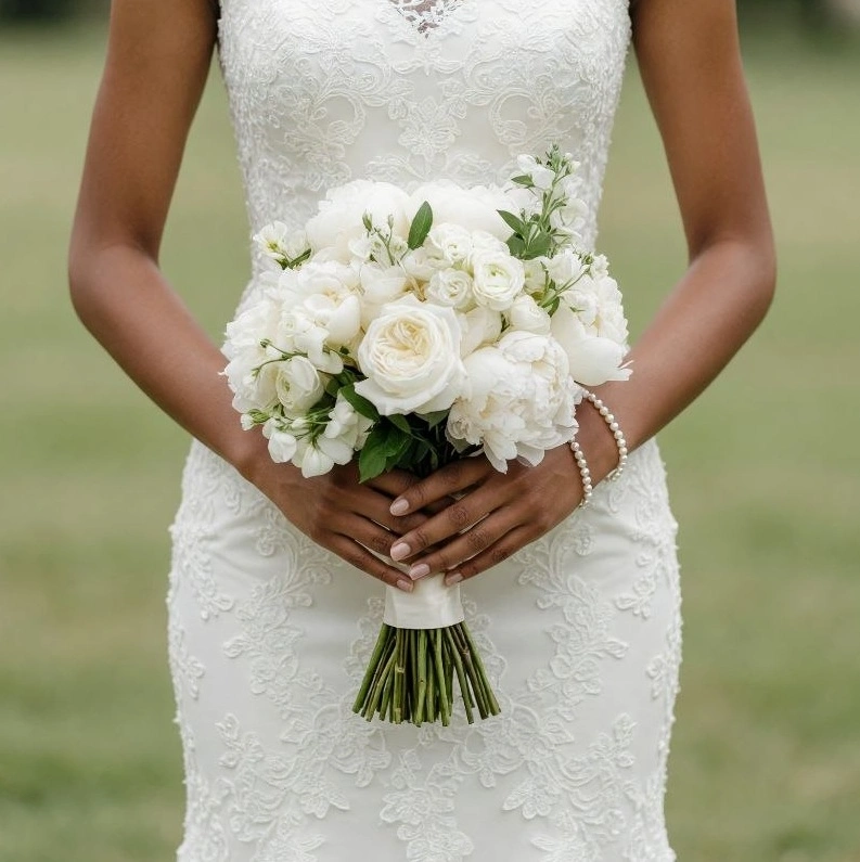 Budget Wedding Bouquets with White Roses and Peonies
