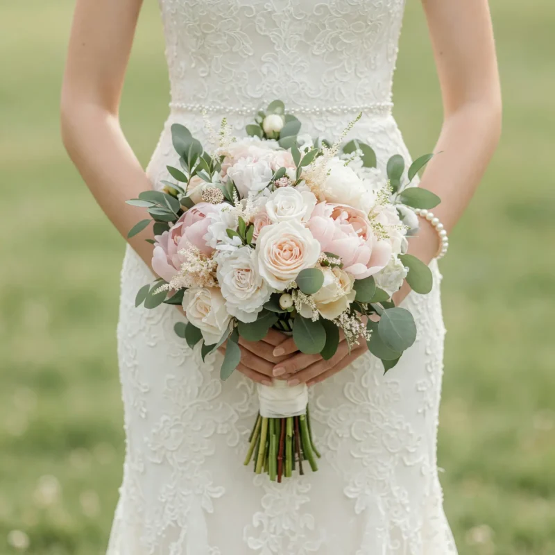 Pink Wedding Bouquet with Blush Peonies, White Roses and Eucalyptus