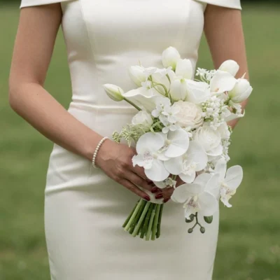 Bridal blooms featuring white orchids, tulips, roses, and delicate white flowers arranged in an elegant hand-tied wedding bouquet.