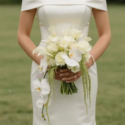 Bridal flowers bouquets with white orchids, peonies, ranunculus, chrysanthemums, and cascading green amaranthus held by a bride.