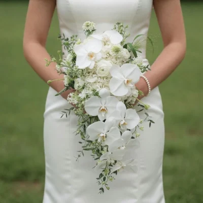 Bridal flowers bouquets with cascading white orchids, roses, hydrangeas, and greenery held by a bride in a white wedding gown.