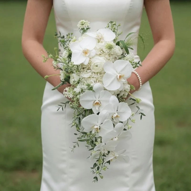 White Wedding Bouquet with Cascading Orchids