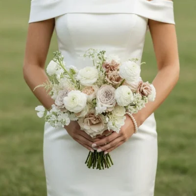 Bridal blooms featuring a white wedding bouquet with ivory roses, blush garden roses, white ranunculus, and delicate seasonal flowers held by a bride.