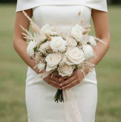 Boho style flowers in a white wedding bouquet with ivory roses, white ranunculus, pampas grass, dried botanicals, and baby's breath.