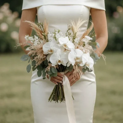 Boho style flowers in a white wedding bouquet with cascading white orchids, pampas grass, eucalyptus, dried botanicals, and soft ribbon.