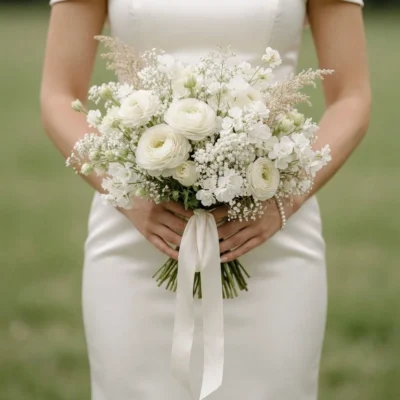 Bridal flowers bouquets featuring white ranunculus, baby's breath, astilbe, and delicate white blossoms tied with an ivory satin ribbon.