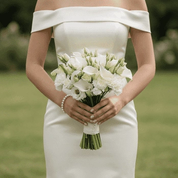 Popular wedding bouquets featuring white roses, calla lilies, tulips, lisianthus, and fresh greenery held by a bride in an off-the-shoulder wedding gown.