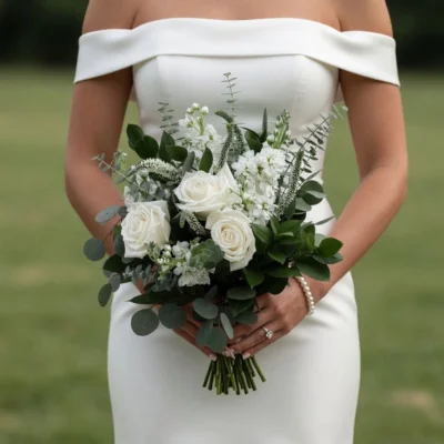 White wedding bouquet with white roses, stock flowers, eucalyptus greenery, and elegant bridal styling.
