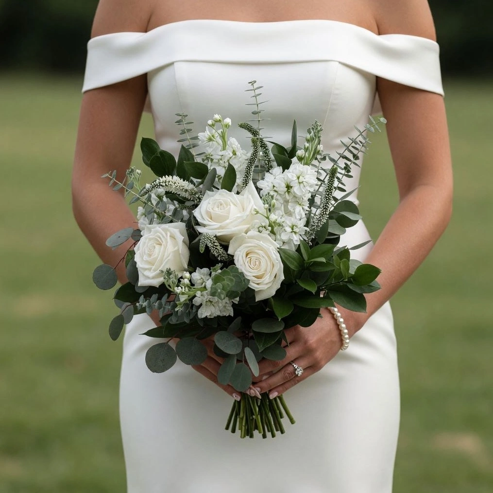 White Wedding Bouquet with Roses and Eucalyptus Elegance